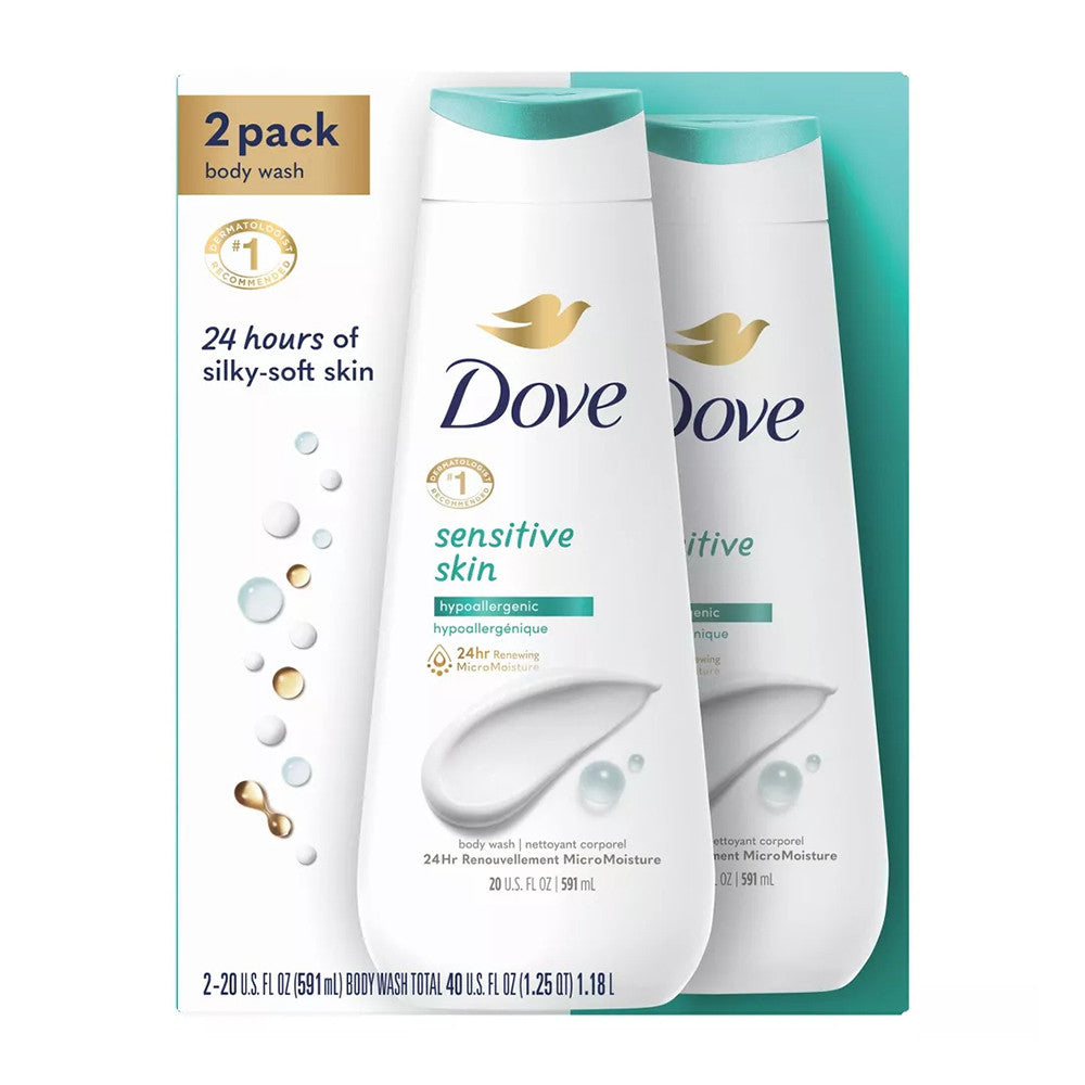 Dove Sensitive Skin Liquid Body Wash Hypoallergenic and Sulfate Free, Twin Pack, 20 Oz